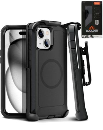 xBase by PowerPeak - Boulder Heavy-Duty MagSafe Co-Molded Rugged Protective Case withBelt Clip Holster - (BLACK) for iPhone 15 (Only Ground Shipping)