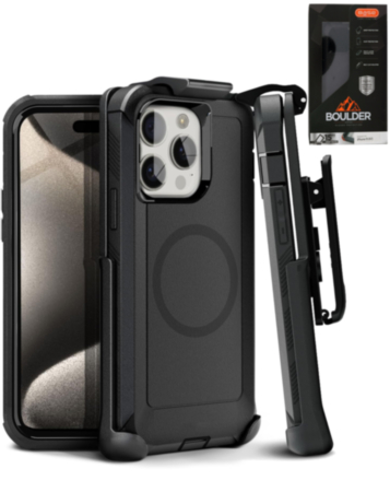 xBase by PowerPeak - Boulder MagSafe Heavy-Duty Co-Molded Rugged Protective Case withBelt Clip Holster - (BLACK) for iPhone 16 Pro (Only Ground Shipping)