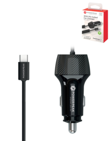 PowerPeak ECONOMY PD Coiled Car Charger with USB-C Cable (30W) (4ft) (BLACK) (Only Ground Shipping)