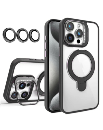 Magnetic Clear Case with 2 Kickstand & Camera Lens - BLACK for iPhone 12 / 12 Pro (Only Ground Shipping)