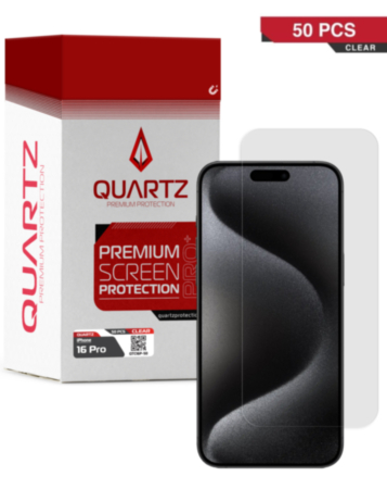 Purchase the QUARTZ Clear Tempered Glass for iPhone 16 Pro, pack of 50.