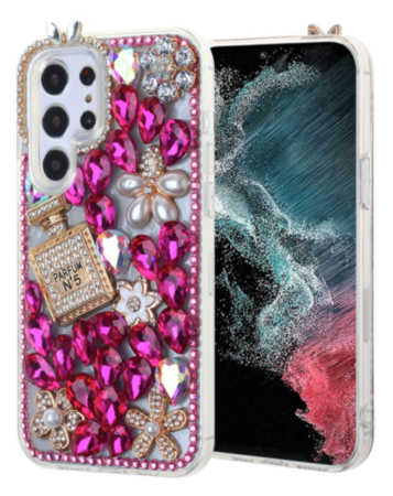 Galaxy S23 Crystal Flower Perfume Silicone Hard Case - HOT PINK (Only Ground Shipping)