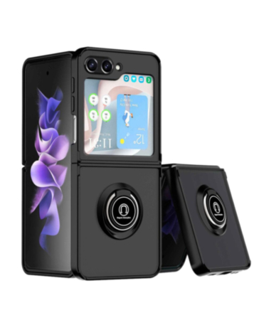 Hard PC Rear / Soft TPU Colorful Border Case with I - ring Holder for Galaxy Z Flip 6 / Z Flip 7 FE - BLACK (Only Ground Shipping)