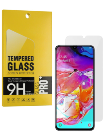 Order the clear tempered glass for the Galaxy A70, case-friendly, 2.5D, 1 piece.