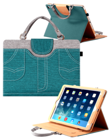 Smart Work Bag Style Case - DARK GREEN JEAN for iPad 5 (2017) / iPad 6 (2018) / Air 1 / Air 2 / Pro 9.7 (Only Ground Shipping)