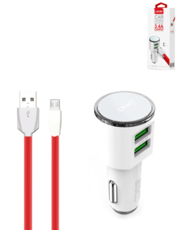 LDNIO C29 3.4A Dual USB-A Car Charger with USB A-M Cable (RED) (3ft) (17W) (Only Ground Shipping)