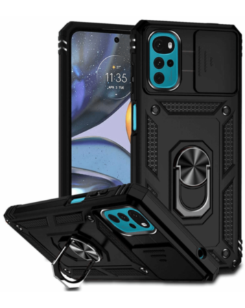 Moto G22 Dual Layers Hybrid Case with Metal Ring And Camera Protector - BLACK (Only Ground Shipping)