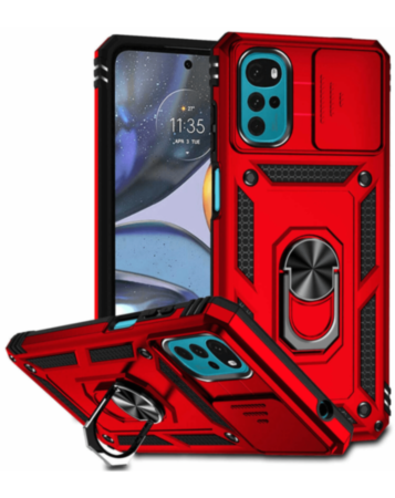 Moto G22 Dual Layers Hybrid Case with Metal Ring And Camera Protector - RED (Only Ground Shipping)
