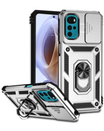 Moto G22 Dual Layers Hybrid Case with Metal Ring And Camera Protector - SILVER (Only Ground Shipping)