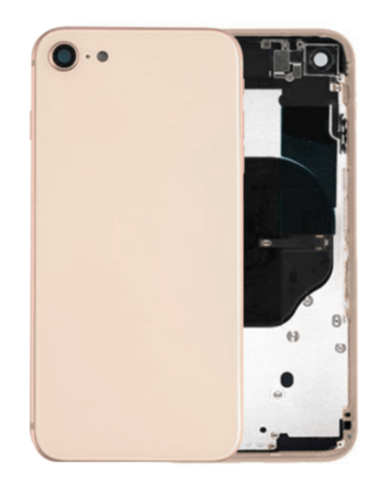 Stock up on the gold back housing frame with small components pre-installed for iPhone 8 and SE 2020 – no logo.