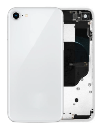 Shop the white back housing frame with small components pre-installed for iPhone 8 and SE 2020 – no logo.