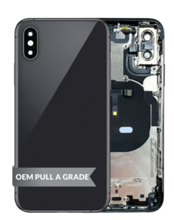 Stock up on the back housing frame for iPhone XS in space gray, OEM pull A grade, with small components pre-installed.