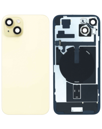 Buy the back glass with frame, wireless NFC charging flex, and MagSafe magnet for iPhone 15 Plus — yellow, OEM pull B grade.
