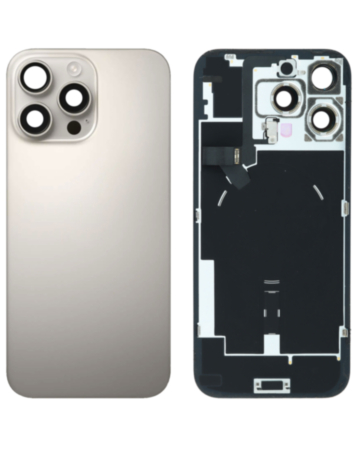 Buy the Natural Titanium Back Glass with Frame, Wireless NFC Charging Flex, and MagSafe Magnet for iPhone 16 Pro Max, OEM Pull B Grade.
