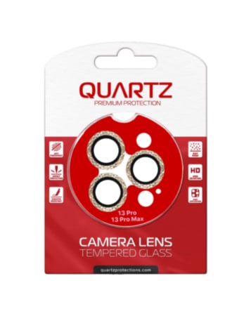 Stock up on the QUARTZ HD Tempered Glass with Iced Out Square Camera Lens for iPhone 13 Pro Max 13 Pro Back Camera GOLD.