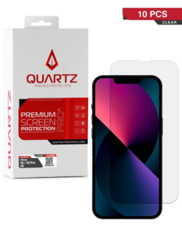 QUARTZ Clear Tempered Glass for iPhone 13 / 13 Pro / 14 / 16e / 17e (Pack of 10)