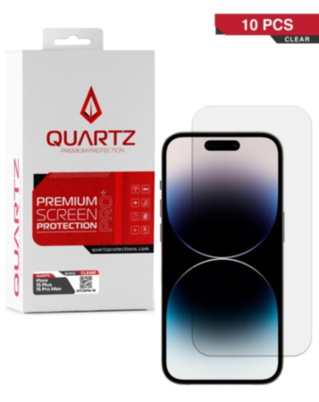 Grab the wholesale deals on the QUARTZ Clear Tempered Glass for iPhone 15 Plus and 15 Pro Max, pack of 10.