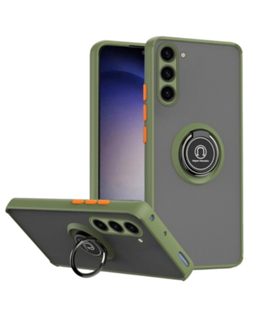 Galaxy S23 FE Hard PC Rear / Soft TPU Colorful Border Case with I-ring Holder - NAVY GREEN (Only Ground Shipping)