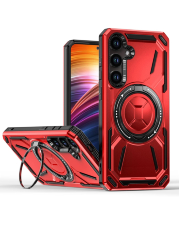 Full-Body Rugged Shockproof Case with Built-in Ring Holder - RED for Galaxy S24FE (Only Ground Shipping)