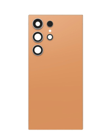 Stock up on the Back Glass with Camera Lens and Adhesive for Galaxy S24 Ultra, no logo, in titanium orange.
