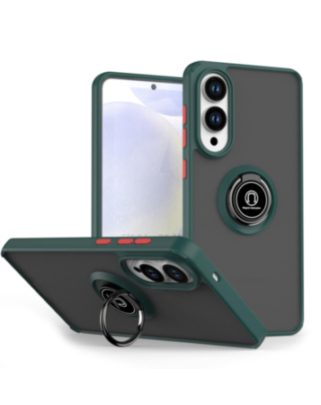 Galaxy S25E Hard PC Rear/Soft TPU Colorful Border Case with I - ring Holder - NAVY GREEN (Only Ground Shipping)
