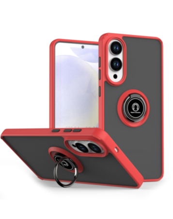 Galaxy S25E Hard PC Rear/Soft TPU Colorful Border Case with I - ring Holder - RED (Only Ground Shipping)
