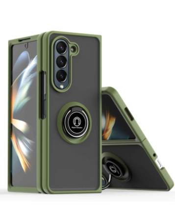 Galaxy Z Fold 5 Hard PC Rear / Soft TPU Colorful Border Case with I - ring Holder - NAVY GREEN (Only Ground Shipping)