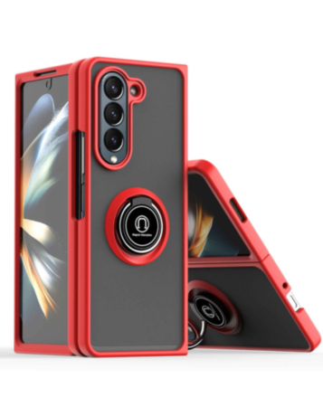 Galaxy Z Fold 5 Hard PC Rear / Soft TPU Colorful Border Case with I - ring Holder - RED d (Only Ground Shipping)