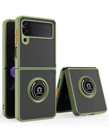 Galaxy Z Flip 4 Hard PC Rear / Soft TPU Colorful Border Case with I - ring Holder - DARK GREEN (Only Ground Shipping)