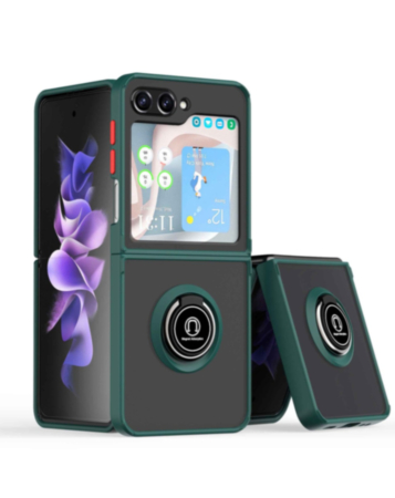 Galaxy Z Flip 5 Hard PC Rear / Soft TPU Colorful Border Case with I - ring Holder - DARK GREEN (Only Ground Shipping)
