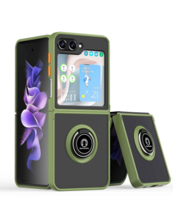 Galaxy Z Flip 5 Hard PC Rear / Soft TPU Colorful Border Case with I - ring Holder - NAVY GREEN (Only Ground Shipping)
