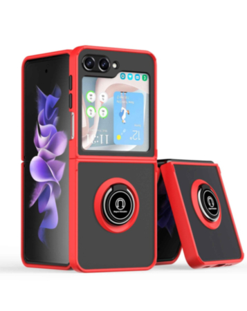 Galaxy Z Flip 5 Hard PC Rear / Soft TPU Colorful Border Case with I - ring Holder - RED d (Only Ground Shipping)