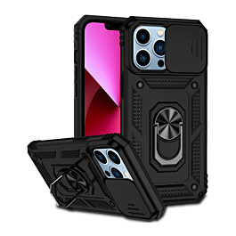Dual Layers Hybrid Case with Metal Ring And Camera Protector - BLACK for iPhone 14 Pro (Only Ground Shipping)