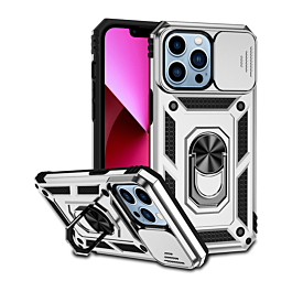 Dual Layers Hybrid Case with Metal Ring And Camera Protector - SILVER for iPhone 14 Pro (Only Ground Shipping)