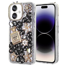 iPhone 16 Plus Crystal Flower Perfume Silicone Hard Case - BLACK (Only Ground Shipping)