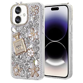 iPhone 16 Plus Crystal Flower Perfume Silicone Hard Case - SILVER (Only Ground Shipping)