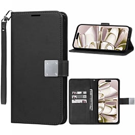 Elegant Leather Wallet Case (BLACK) for iPhone 16 Pro Max with Wristlet Strap (Only Ground Shipping)