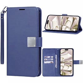 Elegant Leather Wallet Case with Wristlet Strap - BLUE for iPhone 16 Pro Max (Only Ground Shipping)