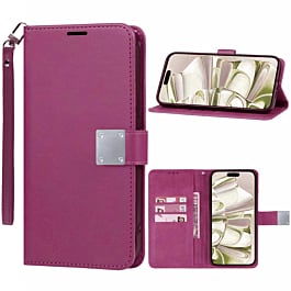 Elegant Leather Wallet Case with Wristlet Strap - PINK for iPhone 16 Pro Max (Only Ground Shipping)
