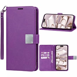 Elegant Leather Wallet Case with Wristlet Strap - PURPLE for iPhone 16 Pro Max (Only Ground Shipping)
