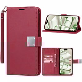 Elegant Leather Wallet Case with Wristlet Strap - RED for iPhone 16 Pro Max (Only Ground Shipping)