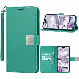 Elegant Leather Wallet Case with Wristlet Strap - TEAL for iPhone 16 Pro Max (Only Ground Shipping)