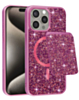 Magnetic Diamond Dual Layer Protection Case with Magnetic Card Slot (PINK) for iPhone 15 Pro Max (Only Ground Shipping)