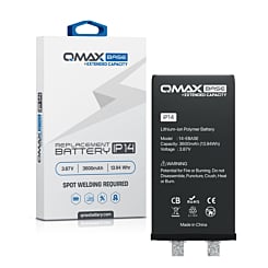 Order the QMAX base extended capacity replacement battery for iPhone 14 – 3600 mAh, spot weld required.