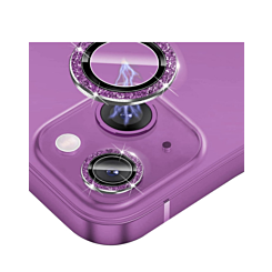 Stock up on the glitter diamond camera lens with HD tempered glass for the iPhone 14 or 14 Plus — in purple.