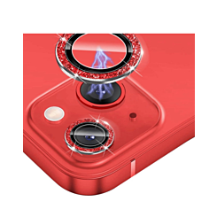 Buy the glitter diamond camera lens with HD tempered glass for the iPhone 14 or 14 Plus — in red.