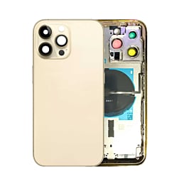 Purchase the Back Housing Frame with Small Components Pre-Installed for iPhone 14 Pro Max, no logo, US version, in Gold.
