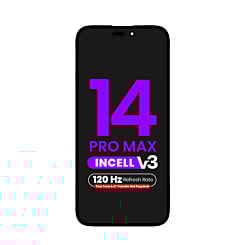 Shop the LCD Assembly for iPhone 14 Pro Max, aftermarket Incell QV7 V3, 120Hz, true tone programming and IC transfer not required.
