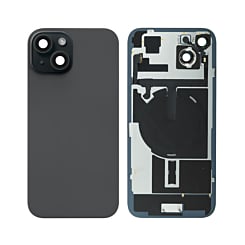 Stock up on the Back Glass with Frame and Wireless NFC Charging Flex and MagSafe Magnet for iPhone 15 in black, without the logo.
