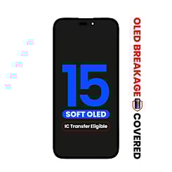 Purchase the OLED assembly for iPhone 15, Aftermarket QV8 Soft, IC transfer eligible with exclusive OLED breakage warranty.
